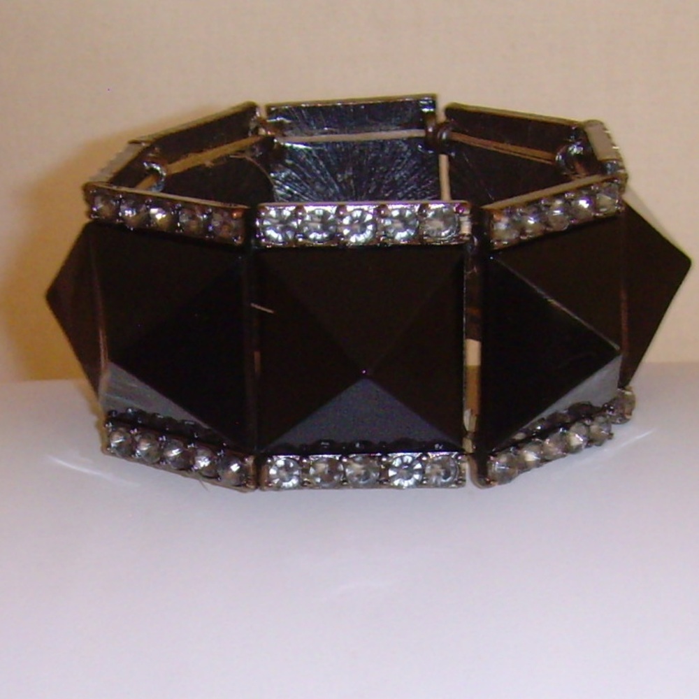Lucite Black and Silver-Tone Stretch Slip-On Bracelet